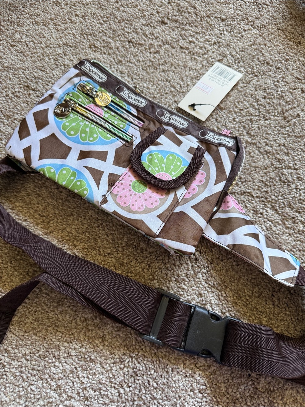 Lesportsac Brown Floral Geo Waist Bag with Pink & Green Accents
